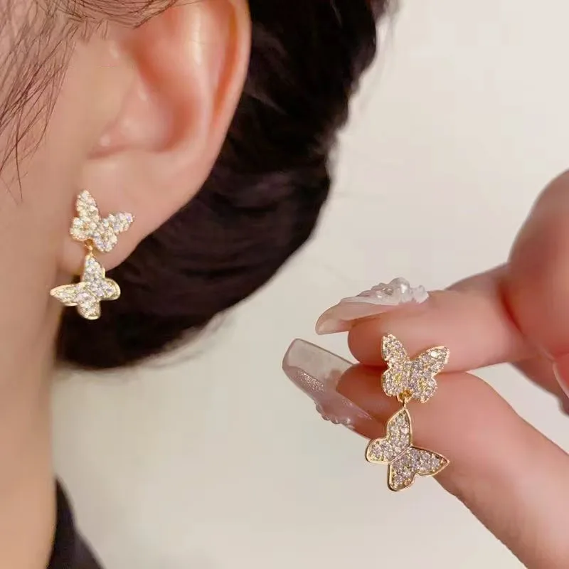 1 Pair Butterfly Stud Earrings With Cubic Zirconia，Women's Fashion Piercing Jewelry Girls Gift