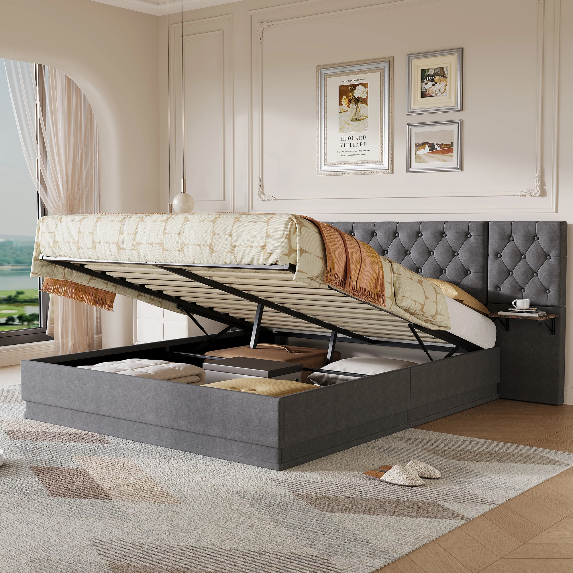 Superaly 140×200cm Doppelbett, Stauraumbett, Polsterbett, Bettgestell mit Gasdruckfeder und übergroßem, knopfgeheftetem Kopfteil, platzsparendes Schlafzimmer-Plattformbett, Leinen, Grau