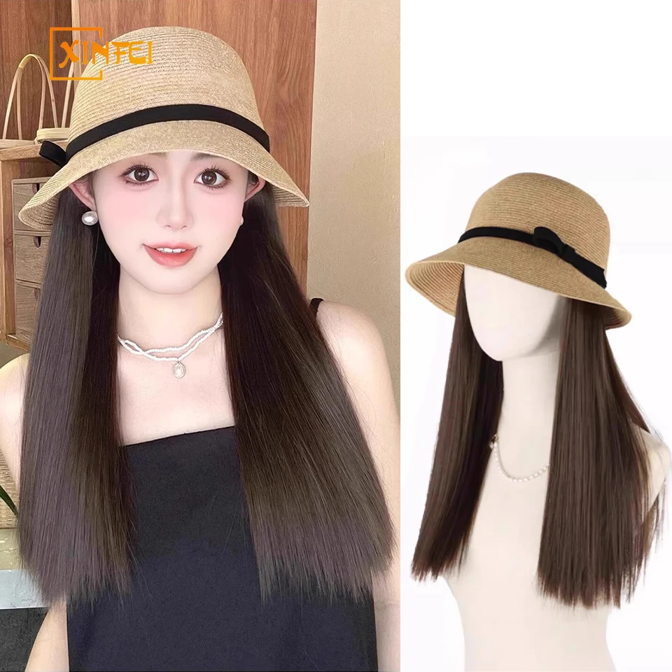 Xinfei chapéu peruca integrada feminino cabelo longo novo verão fino guarda-sol trançado pescador chapéu peruca