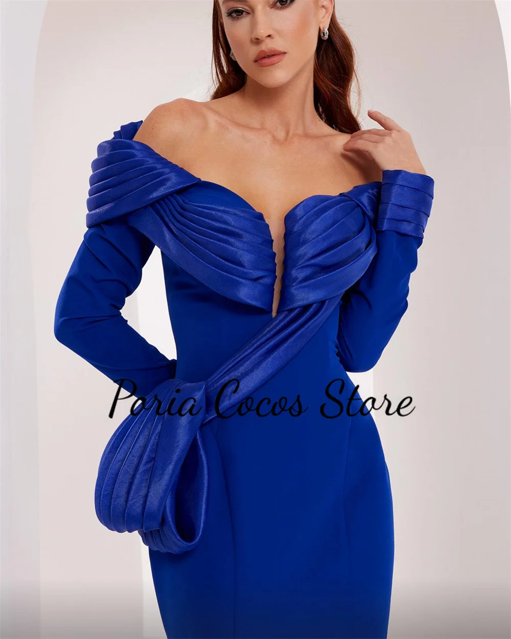 Customized Elegant Evening Gown For Women Off The Shoulder Full Sleeves Solid Color Court Train Long Prom Party Dresses فساتين م