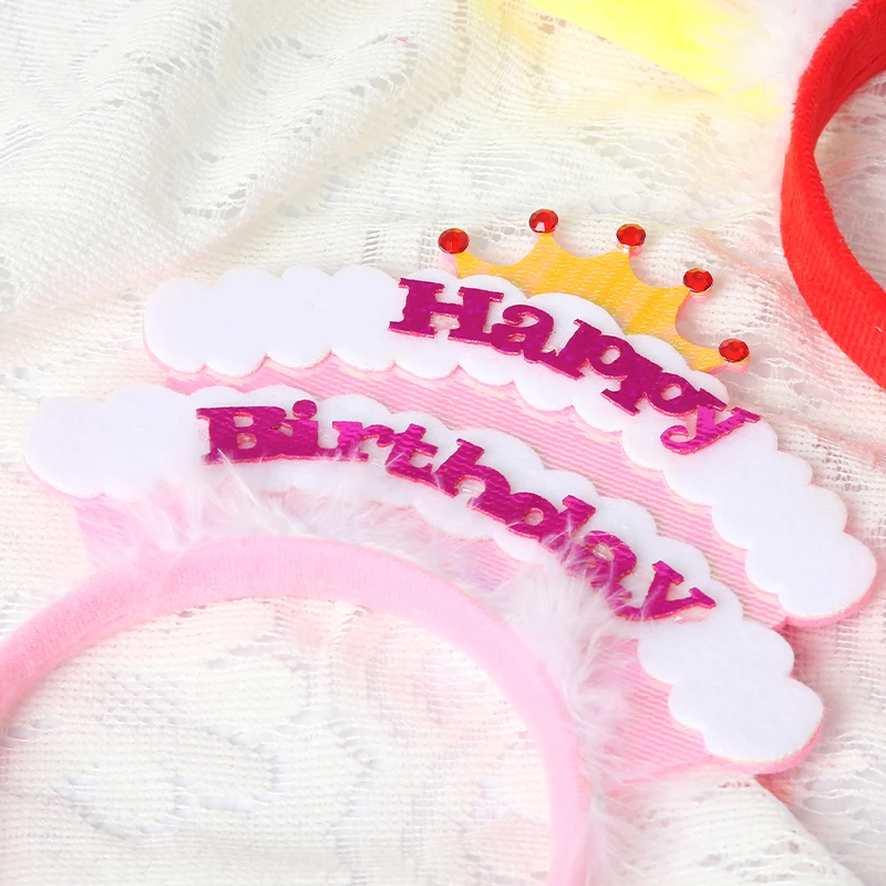 Happy Birthday Cake Candle Sequins Soft Feather Pink White Hairball Headband Hat Caps For Kids Birthday Party Decoration Supplie