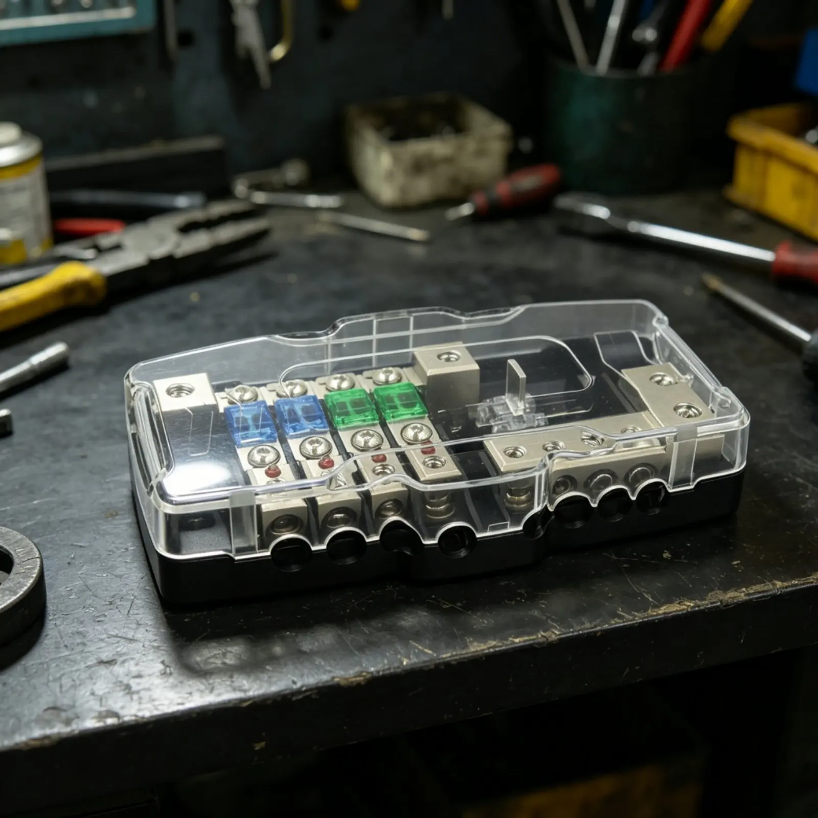 ANL Circuit Protector Holder Transparent Shielded Protector 2 Input 4 Output Circuit Protector Box Alloy-Coated Contacts