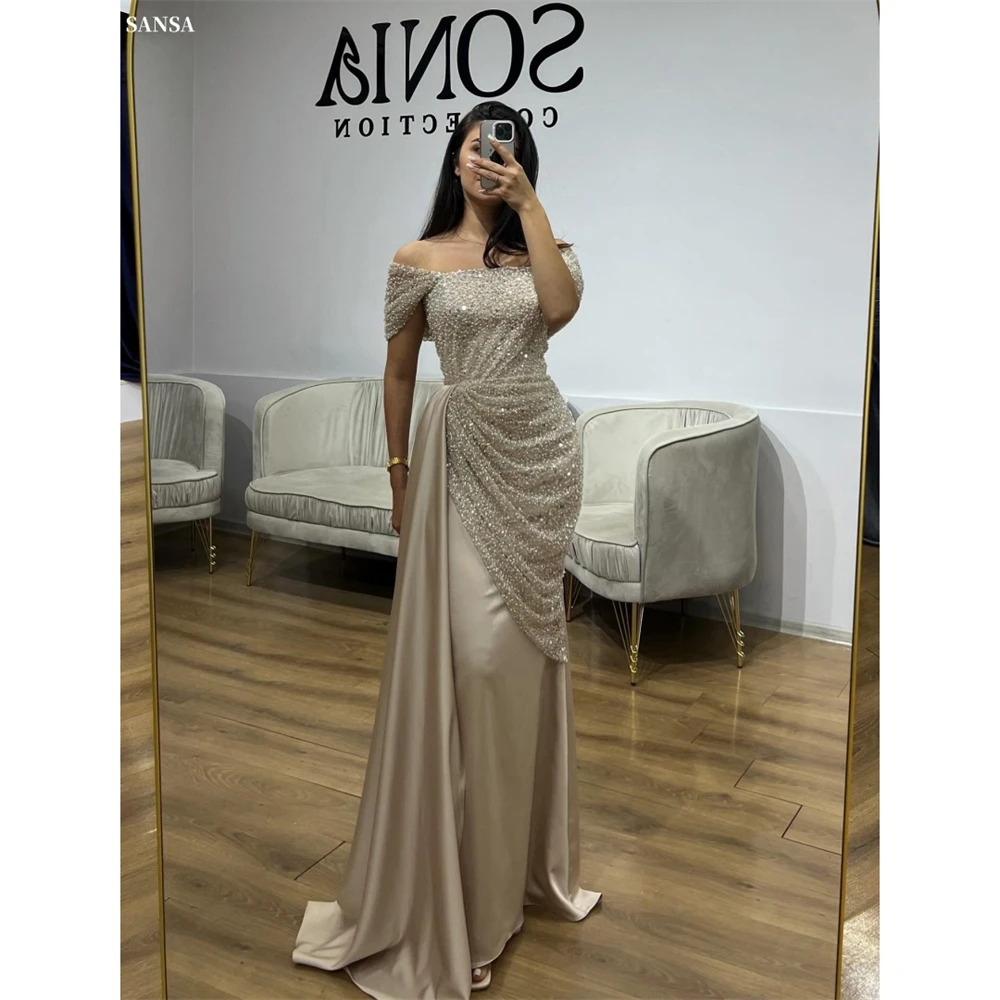 Sansa personalizado champanhe elegante sereia plissados vestido de baile sem alças glitter vestidos de noche até o chão noite formal