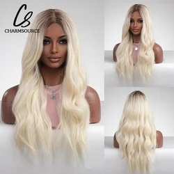 CharmSource-Peluca de cabello sintético para mujer, cabellera artificial largo y ondulado, color rubio con raíz oscura, resistente a alta densidad, ideal para fiesta de Cosplay