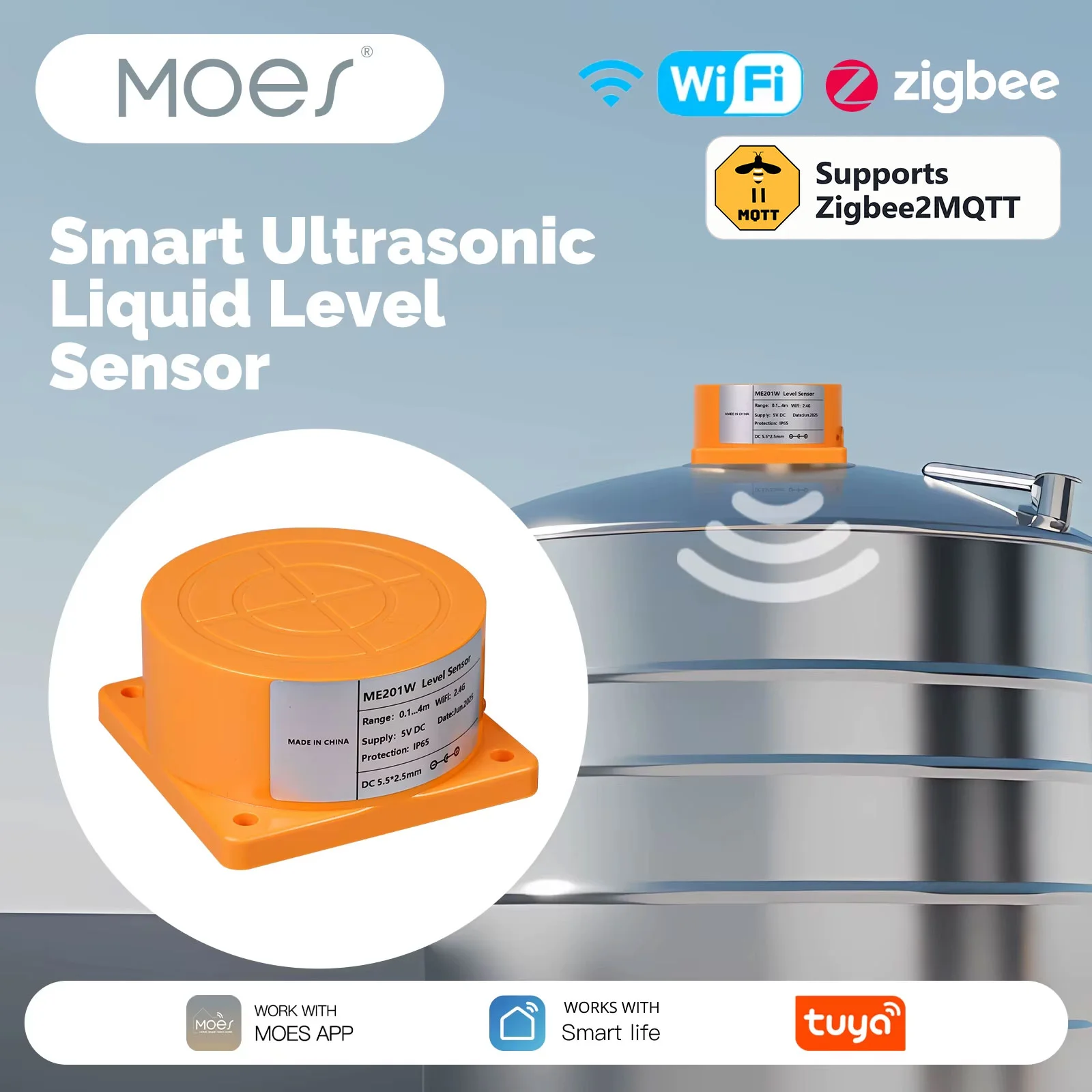 MOES WiFi/Zigbee2MQTT Ultrasonic Water Level Detector - Smart Tank Monitor with Real-Time Alarms, Tuya APP Remote Control