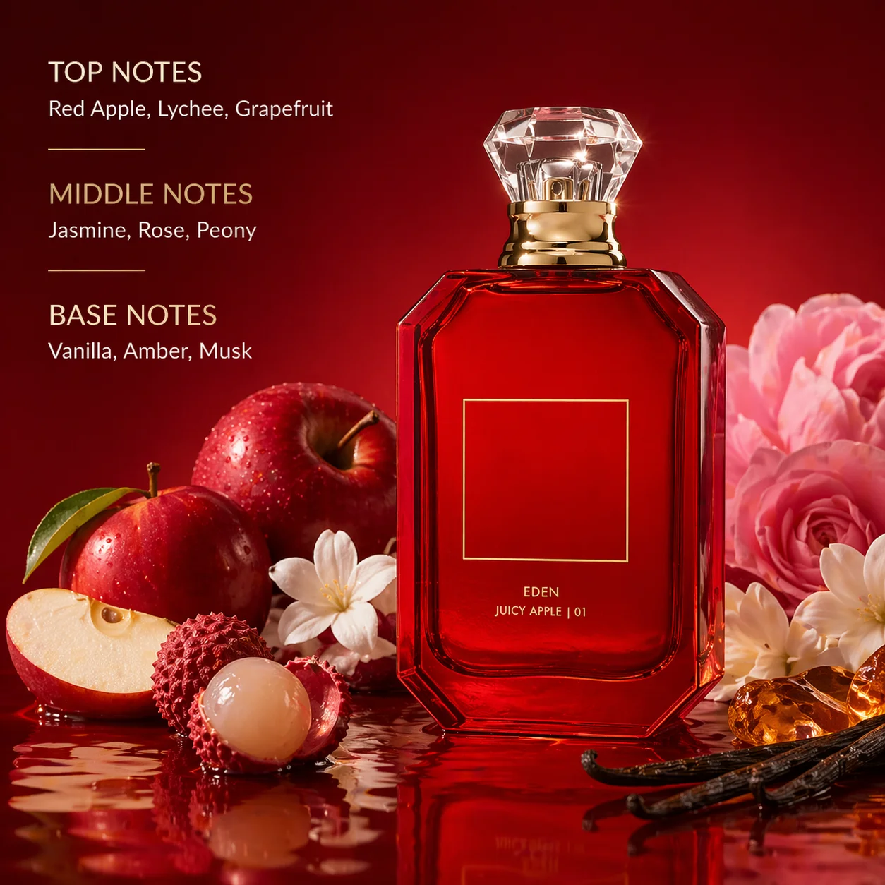 Perfume Juicy Fragrance - エデン ジューシーアップル オードパルファム | 魅力的な長持ちするフローラルフルーティな香り。鮮やかな赤い香りがあなたの個性的な魅力を解き放ちます。