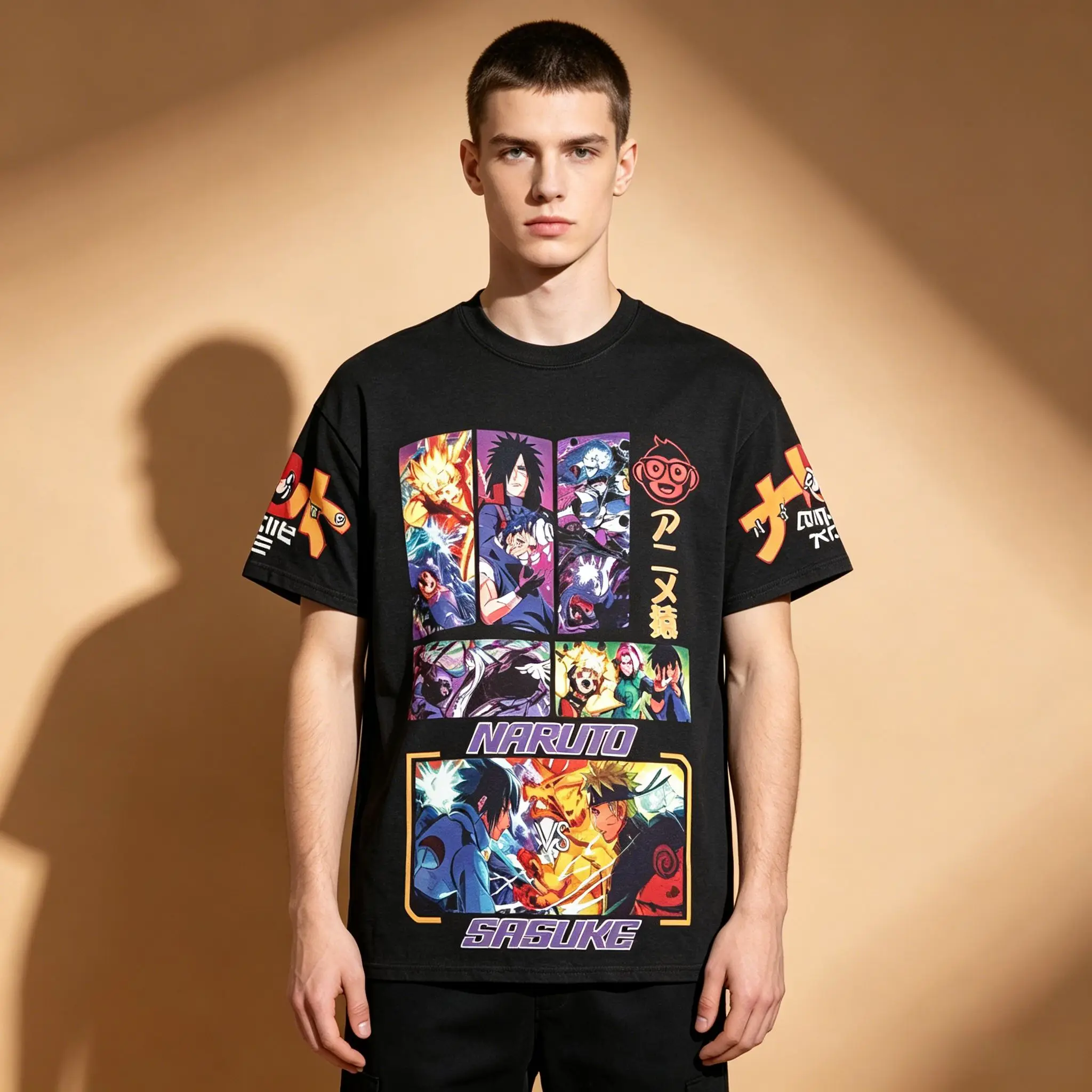 Herren-T-Shirt mit grafischem Aufdruck „Naruto Fourth Great Ninja War Front Back“, Anime Naruto Sasuke Madara Otaku Streetwear, kurzärmelig