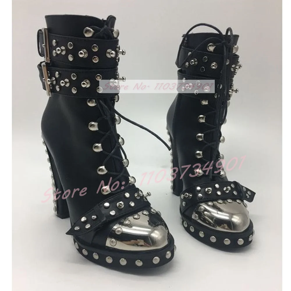 Rivets Metal Round Toe Ankle Boots Women Belt Buckle Lace Up Block High Heels Boots Lady Fashion Sexy Retro Punk Zipper Shoes