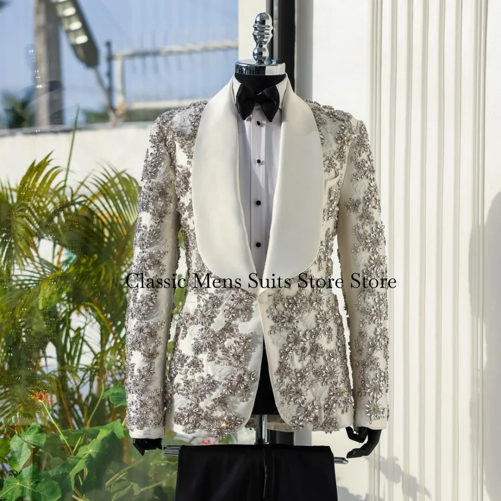 Exquisite Embroidery Crystal Tuxedo Men Suit Customized Sequin Male Prom Blazers 2 Pieces Set Wedding Groom Diamond Ropa Hombre
