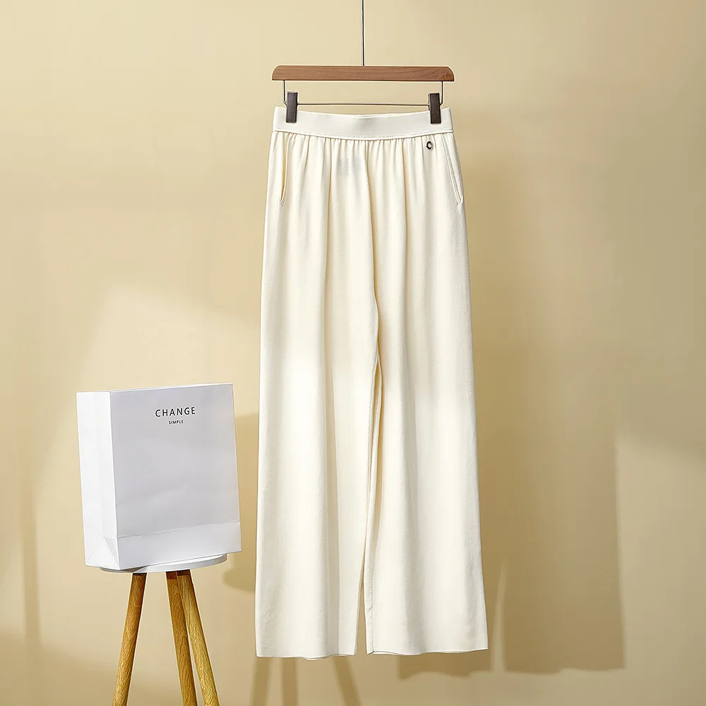 2025 Pantaloni a gamba larga in cotone di seta nuovi primavera/estate da donna, pantaloni dritti lavorati a maglia a vita alta casual tutto-fiammifero