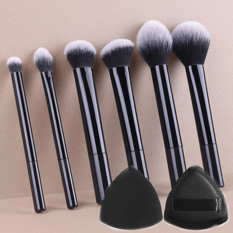 8-piece high-end black makeup brush set + sponge that doesn't cake powder, beauty tool combo