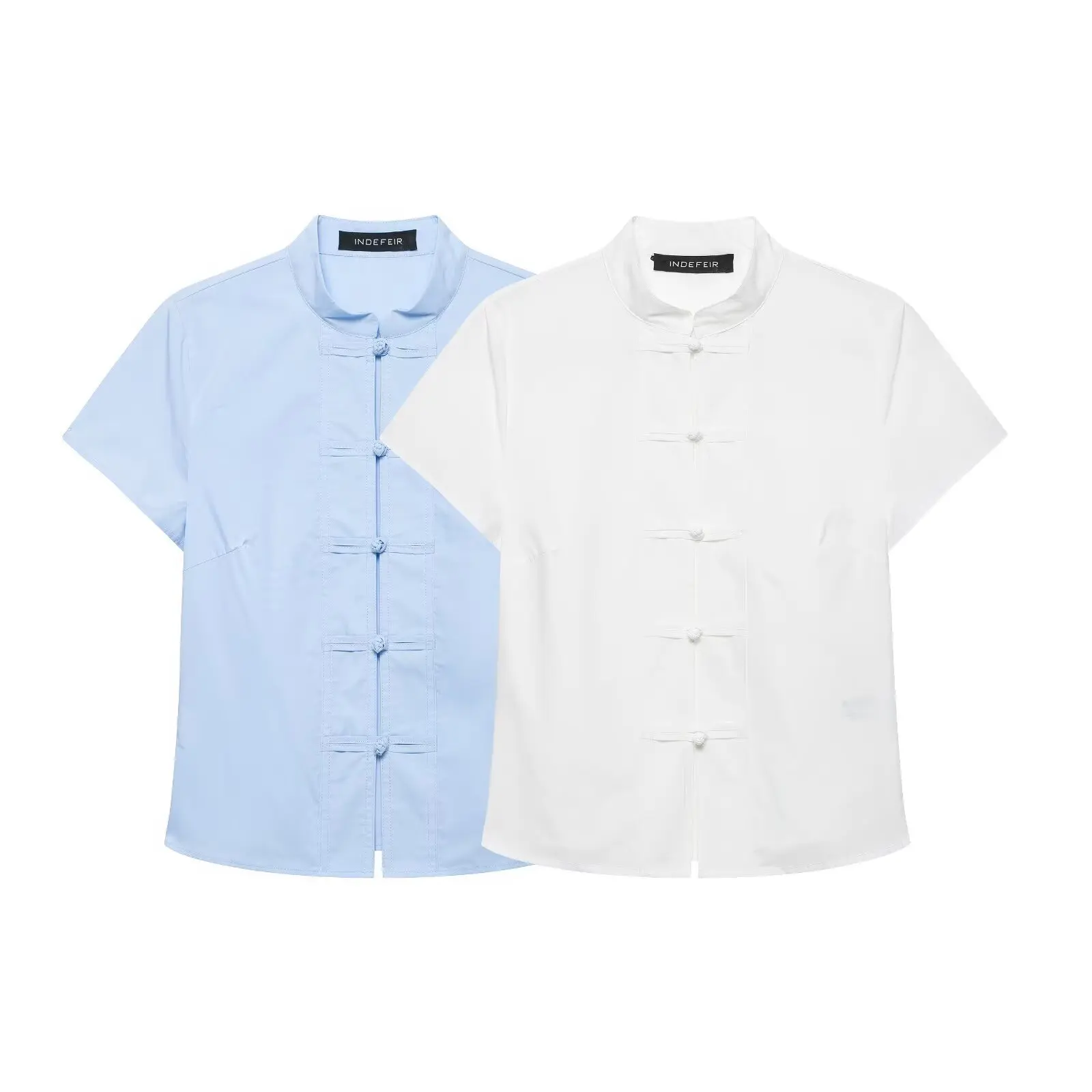 Vintage Oriental Frog Closure Shirt Female Casual Short Sleeve Stand Neck Blouse Elegant Slim Fit Solid White Blue Top Camisas