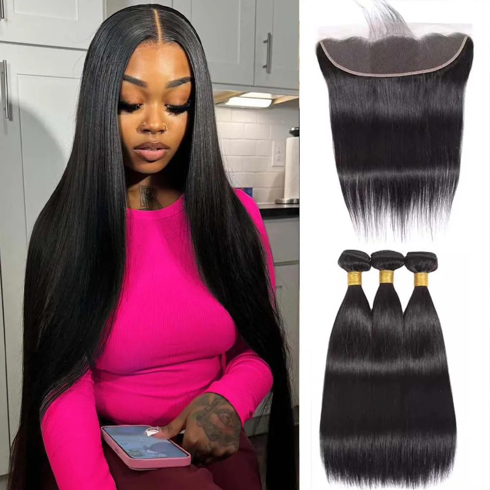 

10A Прямые пучки человеческих волос с бразильскими человеческими волосами 3 пучка с кружевом 13x4 спереди от уха до уха Необработанные человеческие волосы