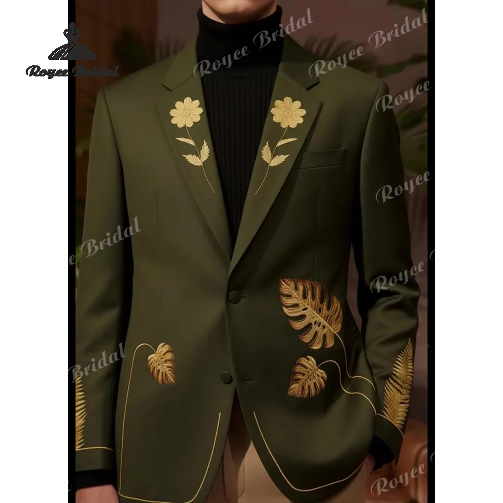 بدلات زفاف رجالية مطرزة بالنباتات الخضراء مكونة من قطعتين 2026 بأوراق استوائية وتفاصيل حفلات الزفاف زي أوم مارياج #2