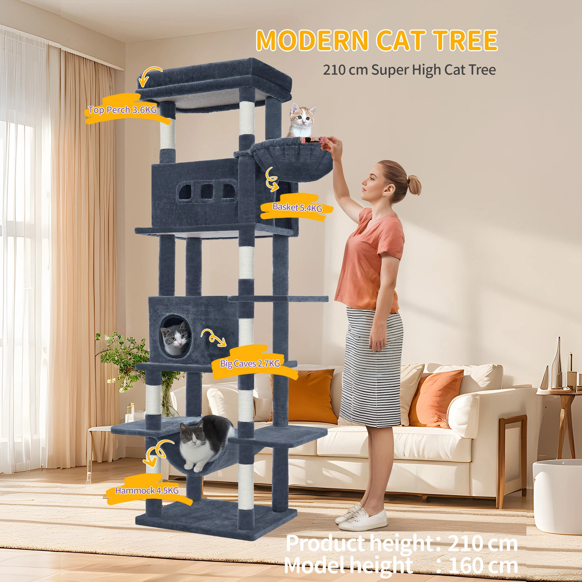 Hzuaneri Arbre à chat, grande tour à chat de 210 cm pour chats d'intérieur, maison à chat multi-niveaux avec condo, 8 postes à gratter, 4 pompons