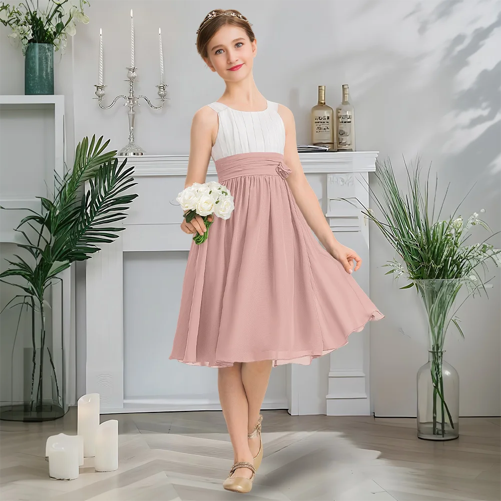 Luxuoso decote redondo júnior vestido de dama de honra cinza ardósia vestido da menina de flor na altura do joelho chiffon com apliques florais festa de casamento