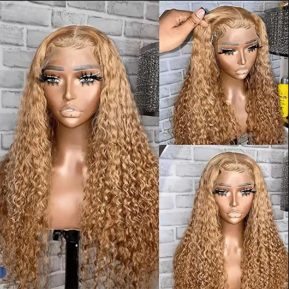 Wiggogo #27 Honey Blonde Lace Front Wig 13X6 Deep Wave Frontal Wig Curly 100% Human Hair 13X4 Colored Preplucked Brazilian Wig image 4