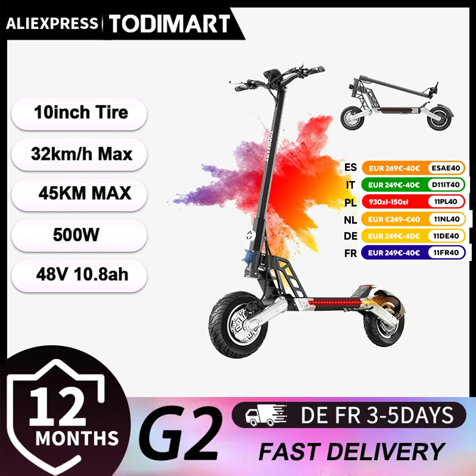 Trottinette électrique TODIMART G2, batterie 48 V 10,4 Ah, moteur 500 W, pneus tout-terrain 10 pouces, autonomie 40-45 km