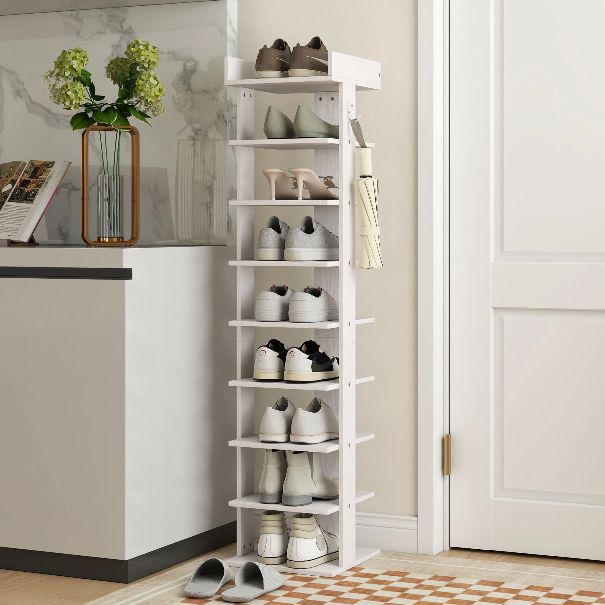 Hohe und schmale freistehende Schuhregale, offene Schuhschränke, schmale Aufbewahrungsregale, multifunktionale Wohnmöbel, geeignet für Eingangsbereiche, Flure, Wohnzimmer und andere Räume.