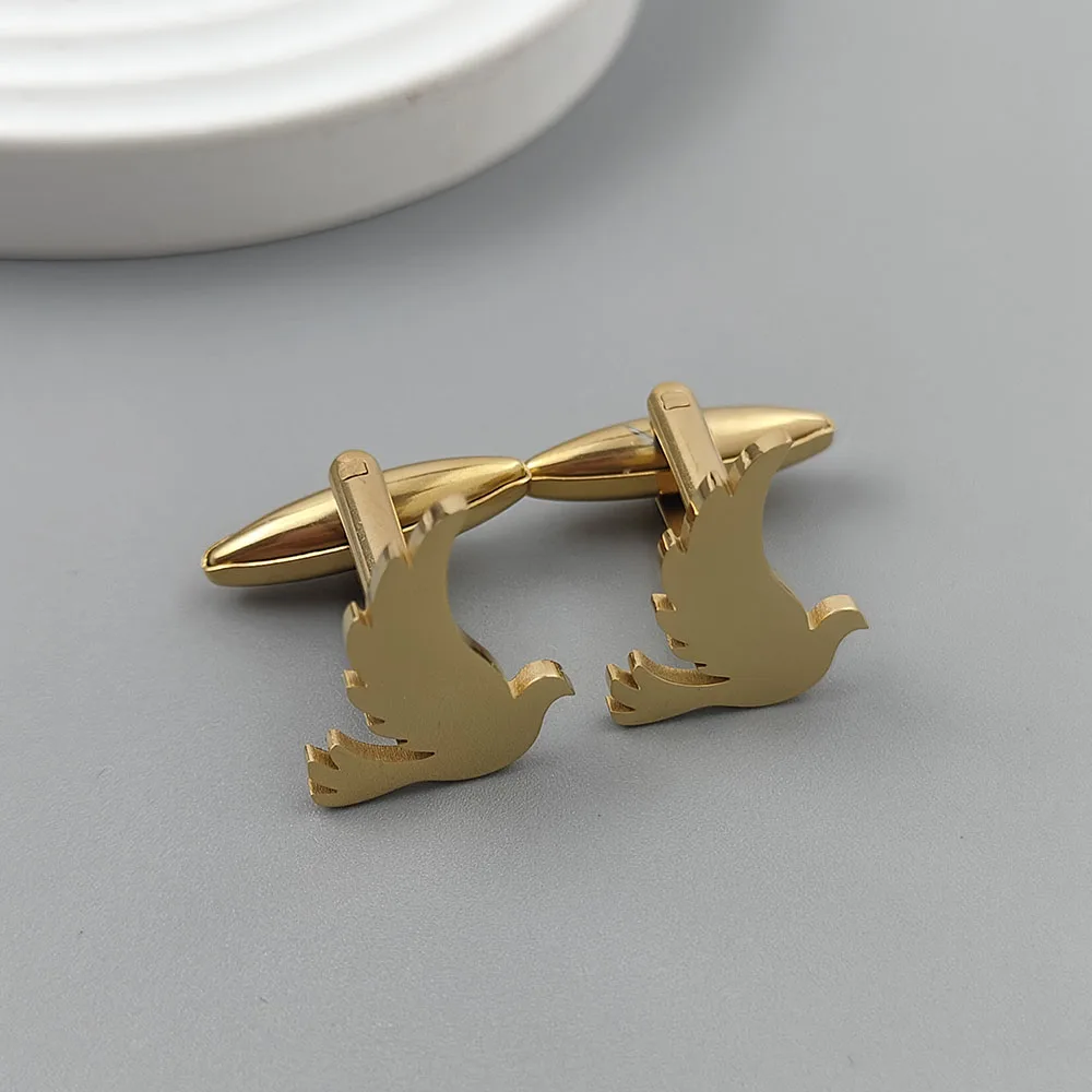 Abotoaduras estilo punk pomba da paz em aço inoxidável 18K banhado a ouro, botões de camisa francesa prateados, acessórios de casamento para terno