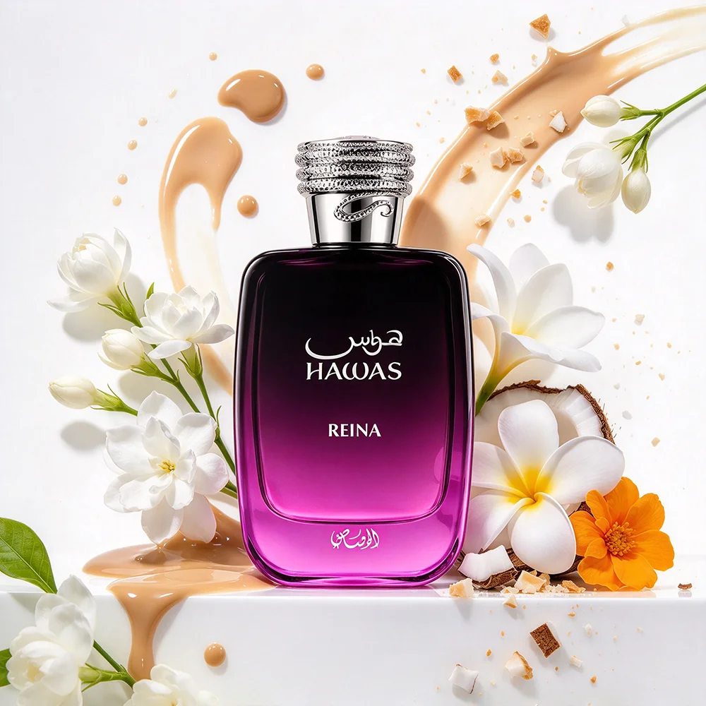 Rasasi Hawas Reina Women Eau De Parfum 100ml Sweet Oriental Vanilla Scent Apricot Pear Cinnamon Opening Jasmine Frangipani Coconut Coffee Heart Vanilla Sugar Sandalwood Amber Musk Base for Daily Evening Gift