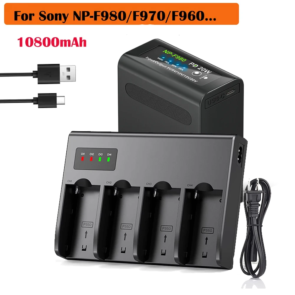 10800mAh NP F980 NP F970 Battery + USB Charge PD20W Type-C Output for Sony PLM-100 CCD-TRV35 MVC-FD91 MC1500C NPF960 F990 NPF750