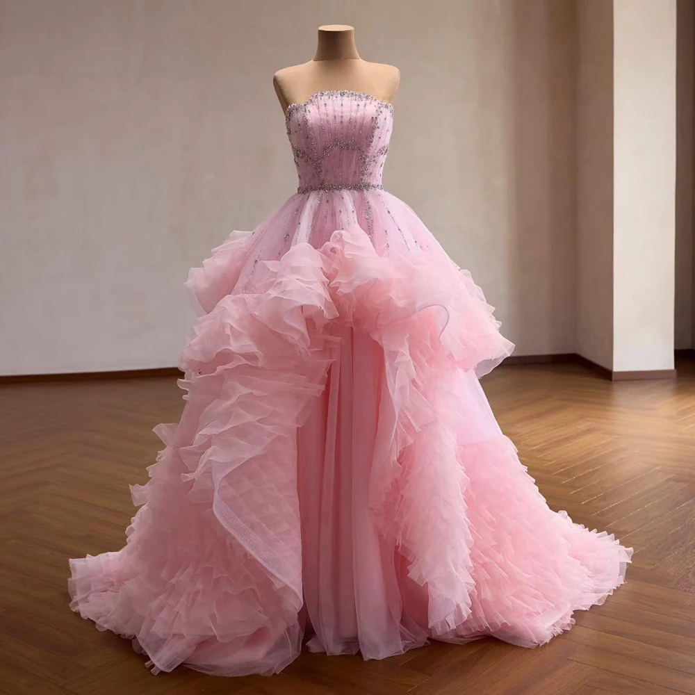 Pink Evening Dress Strapless Sleeveless Crystal Beading Lace Up Back Ruffles Prom Party Dress