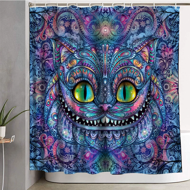 Smiling Cheshire Cat Wonderland Syndrome Fairy Tale Dark Alice Fantasy Halloween Art Shower Curtains For Chirldren With Hooks