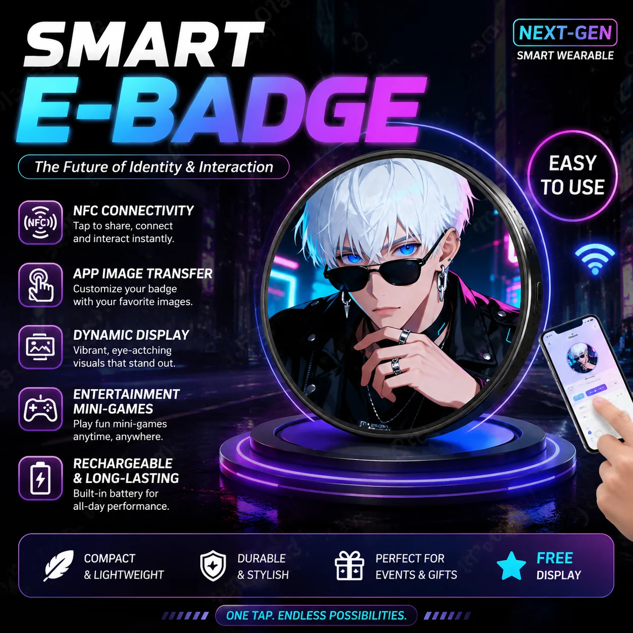 new Anime E-Badge Display Pin 1.85 Inch Touch Screen LED Button Touchscreen Photo Frame With Video Playback  long better life