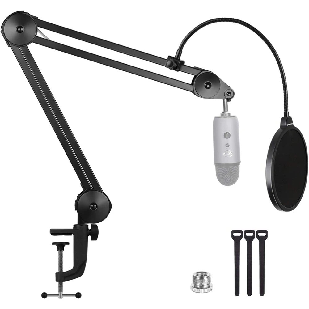 

Blue Yeti Microphone Arm Stand Heavy Duty Suspension Mic Boom Scissor With Mic Pop Filter 5/8" Adapter For Blue Snowball Holder