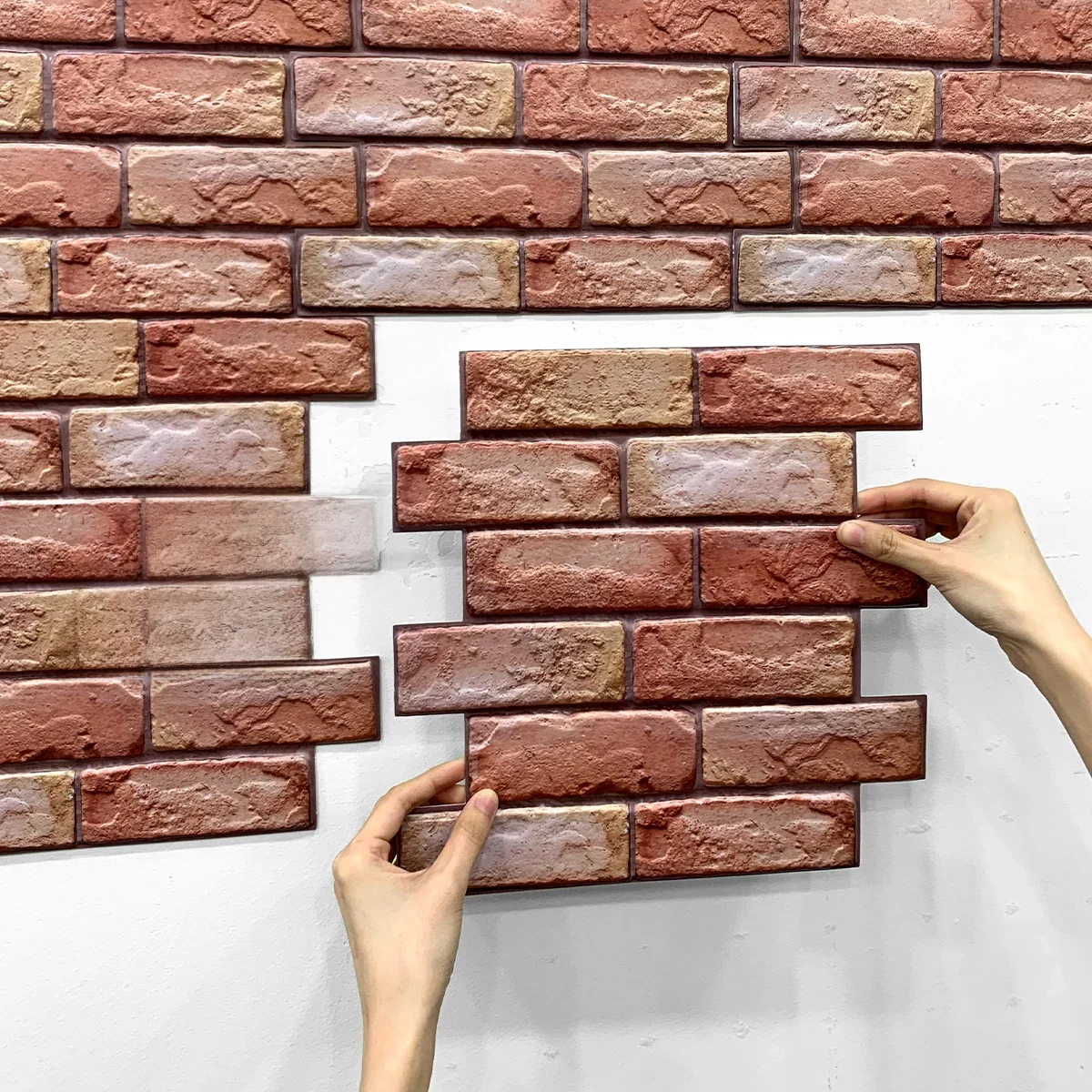 1 szt. Skórki imitujące cegłę 3D i przyklejana na ścianę Panel czerwony samoprzylepny płytka kuchenna Backsplash grubszy wodoodporna naklejka ścienna — zdjęcie 2