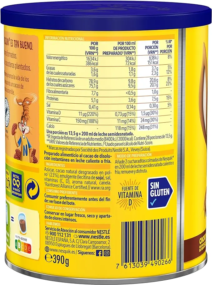 NESTLE NESQUIK Cacao instantáneo sin gluten bote 390 g- Pack 2 Unidades