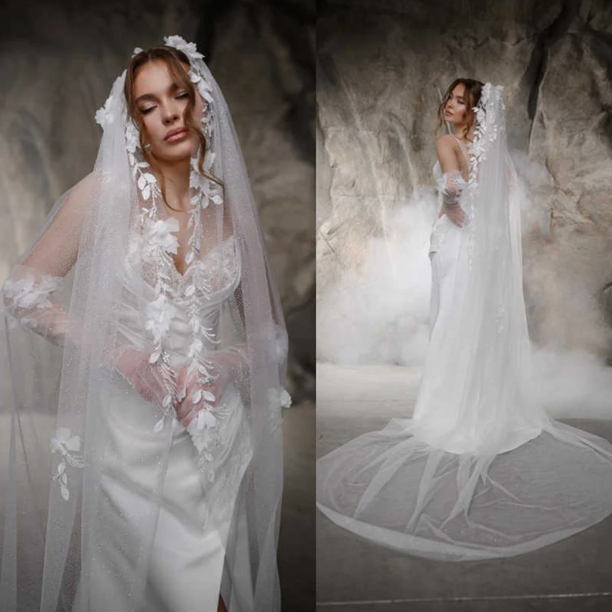 Princess Gorgeous Lace with Pearls Flowers One Layer Cathedral Length Wedding Veil for Bride Customized