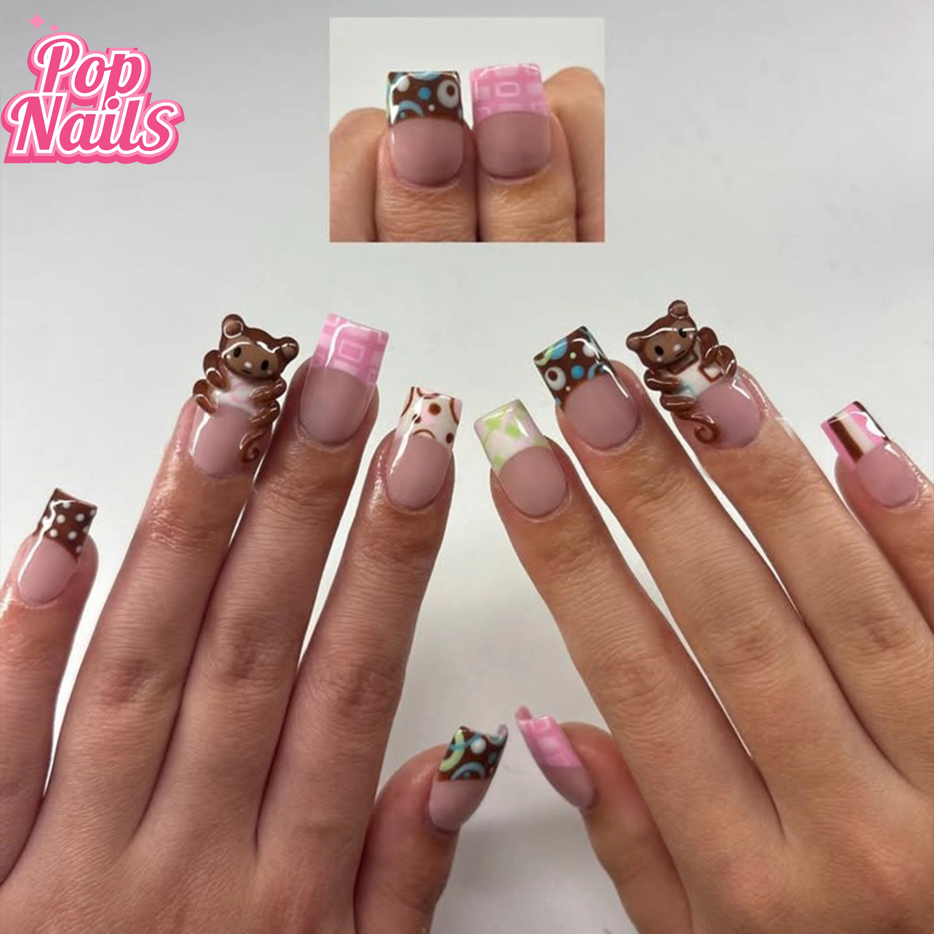 

Trendy 3D Monkey Press on Nails Handmade Cute Square Shape Thick Acrylic Press on Nail Homemade Monkey 3D Nail Art Summer Nails