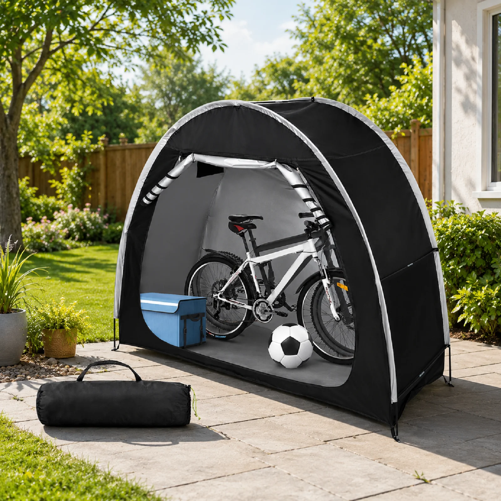 Image of Tragbares Fahrrad-Aufbewahrungszelt, Wasserdichter 210D Oxford Fahrradunterstand, Outdoor-Fahrradabdeckung mit Glasfaserstangen für Garten, Terrasse und Camping