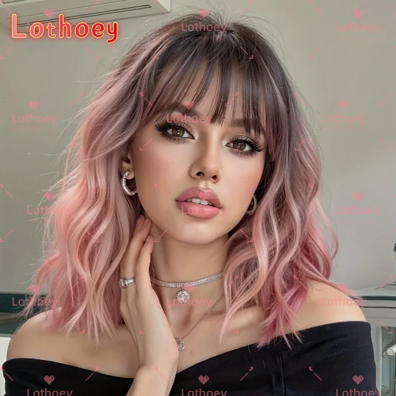 Розовый градиент, короткий вьющийся парик, женский свободный волнистый парик для косплея с матовыми летними вечерами, костюмированные события, волосы из человеческих волос