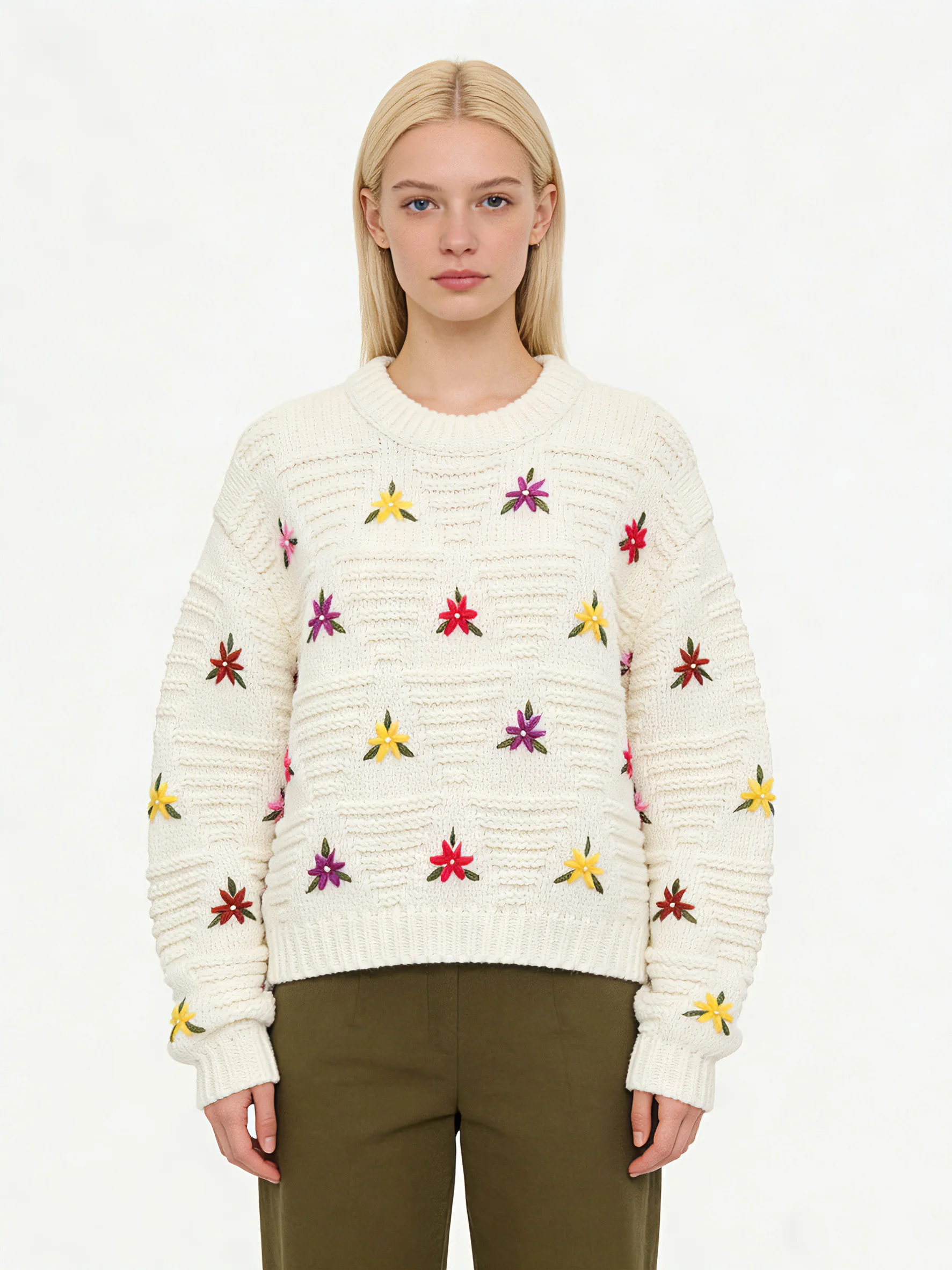 

Шерстяной вязаный укороченный свитер с цветочной вышивкой, белый, женский, повседневный, свободный, фактурный