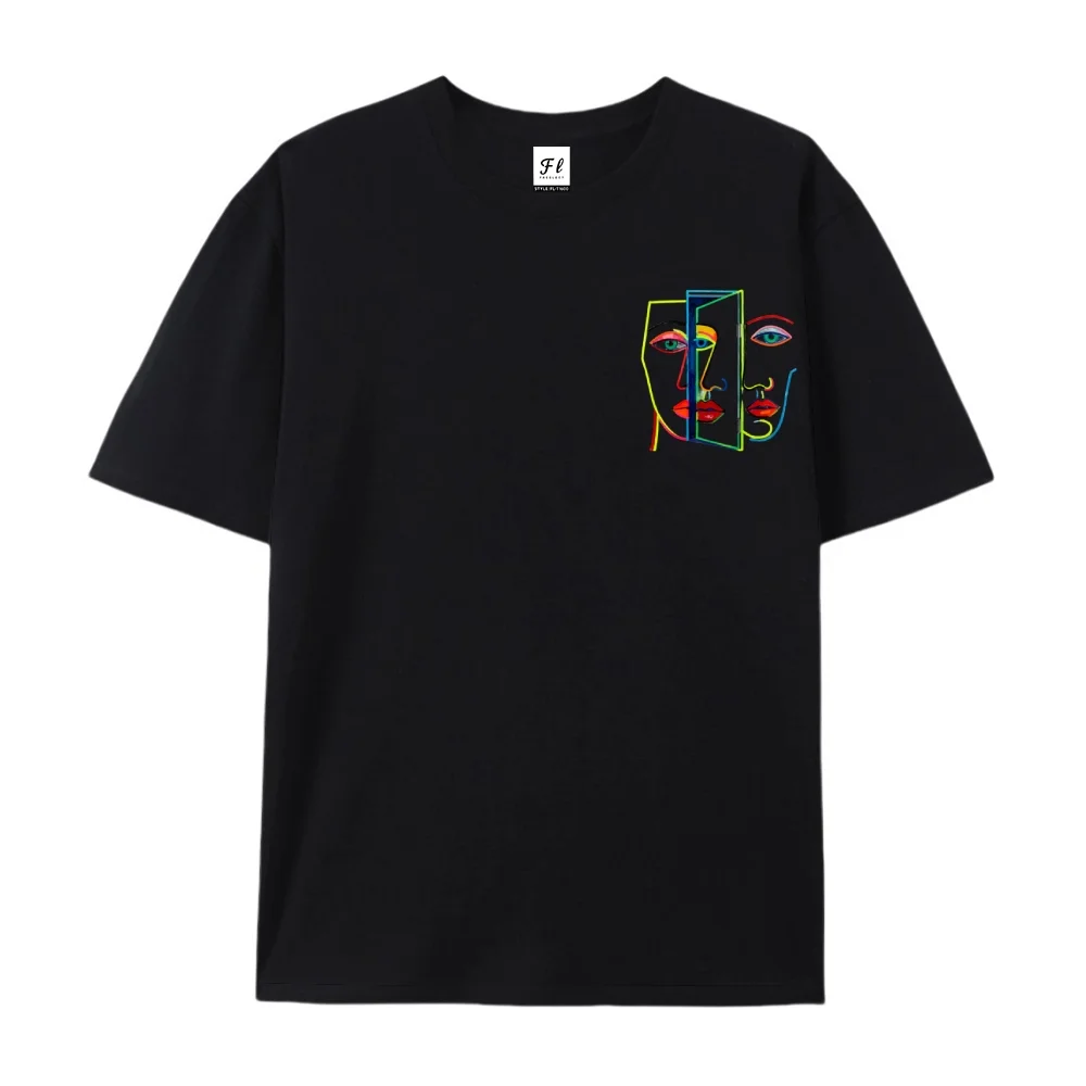 تي شيرت كبير الحجم مطبوع عليه وجه تجريدي فني 100% من القطن يتميز بنمط جيب هندسي إبداعي ونمط مميز