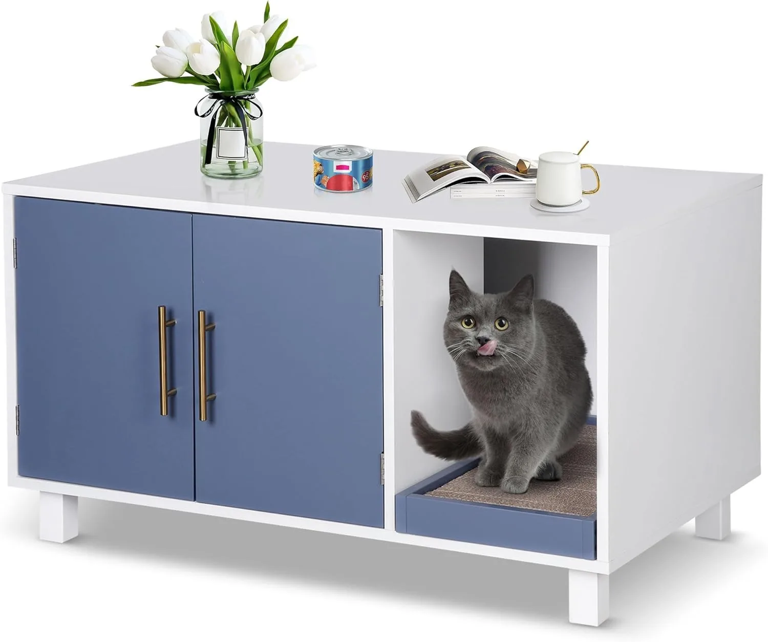 

Cat Litter Box Enclosure Hidden Litter Box Furniture Wooden Cat Washroom Cat House Table Nightstand with Scratch Pa