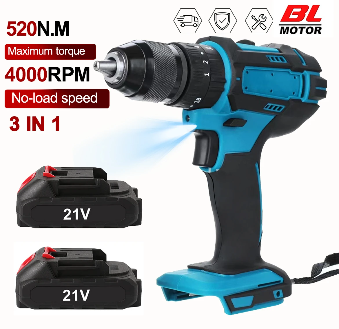Taladro de impacto inalámbrico 3 en 1, juego de destornilladores eléctricos de alto torque de 520 N·m con portabrocas de 10 mm sin llave
