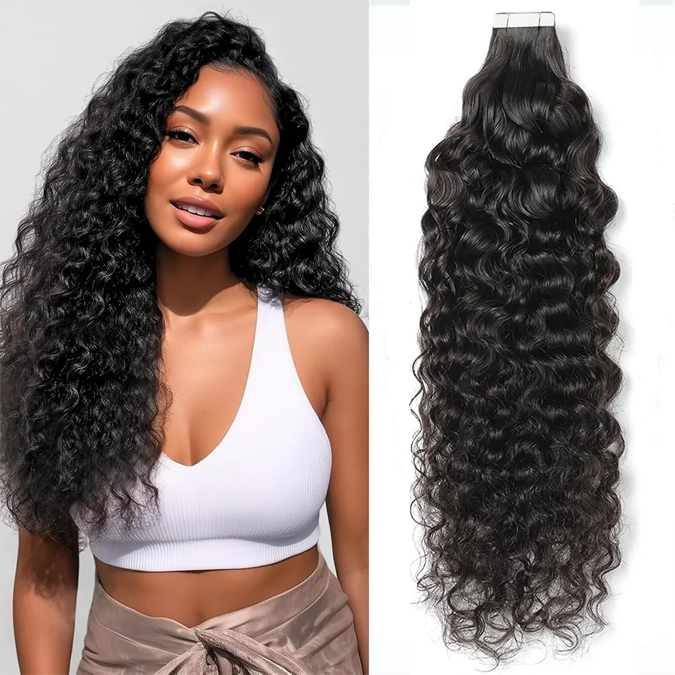

Deep Water Wave Tape In Human Hair Extensions Curly 40Pieces Natural Black #1B 100% Remy Humen Hair 16-26Inch Skin Weft Tape Ins