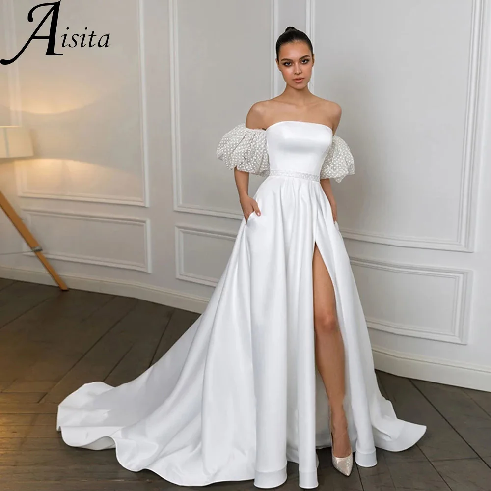 

Elegant Strapless Side Split Bridal Gown Short Sleeves A Line Wedding Dresses Lace Up Back Sweep Train Vestidos De Novia