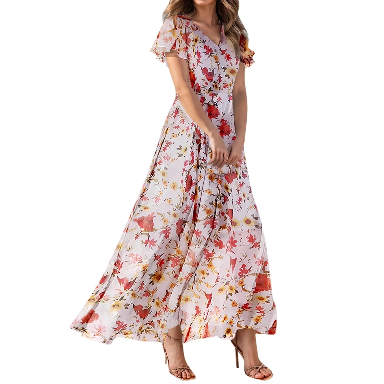 Dames Zomer Casual Korte Mouw V-Hals Elegante Maxi Jurk Met Bloemenprint Bruiloft Gast Chiffon Vloeiende Vakantie Strandjurken - afbeelding 2