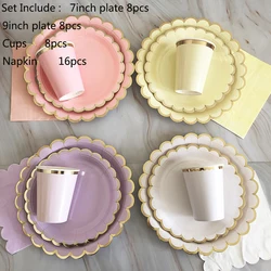 40pcs/set Yellow Green Pink Blue Paper Plates Cups Disposable Tableware Set for Wedding Birthday Party Baby Shower Supplies