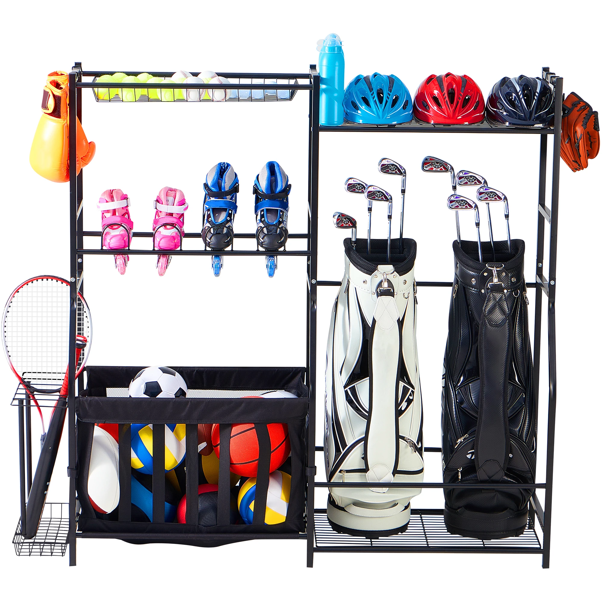 Garage Sports Equipment Storage and Organizer, Storage Rack for 2 Golf Bags with Hooks, Shelves and Elastic Straps, For Tools, S