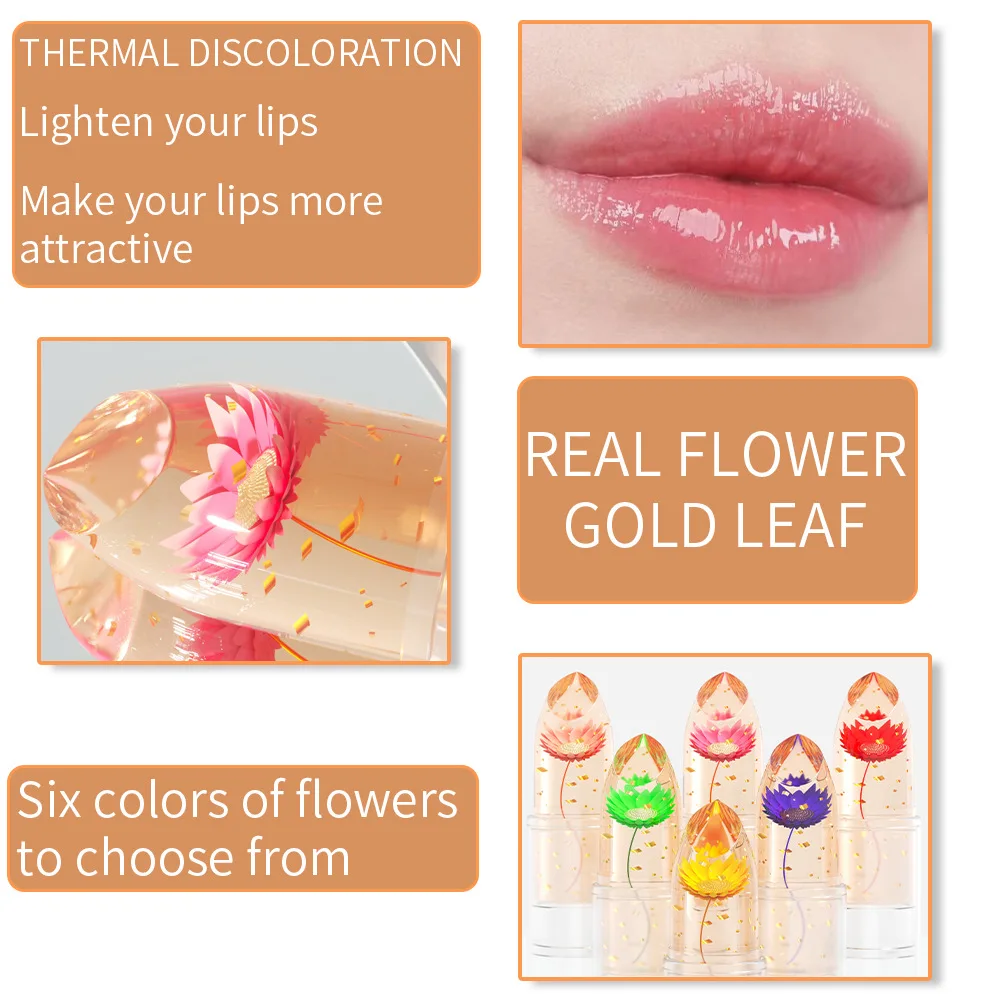 DUNUF Muti-Color Dried Flower Gold Foil Jelly Temperature change lipstick Smooth Mirror plump sexy moisturizing Glossy