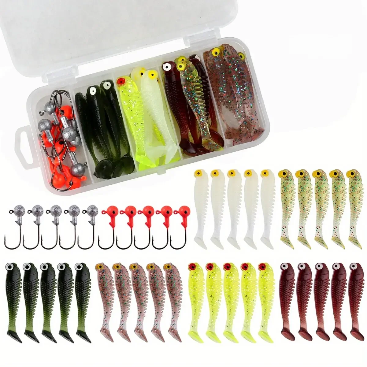 40pcs/lot Soft Lure Kit Soft Fishing Lure 5cm 3.5g Jig Head Hook with Fishing Tackle Box Pesca — 2