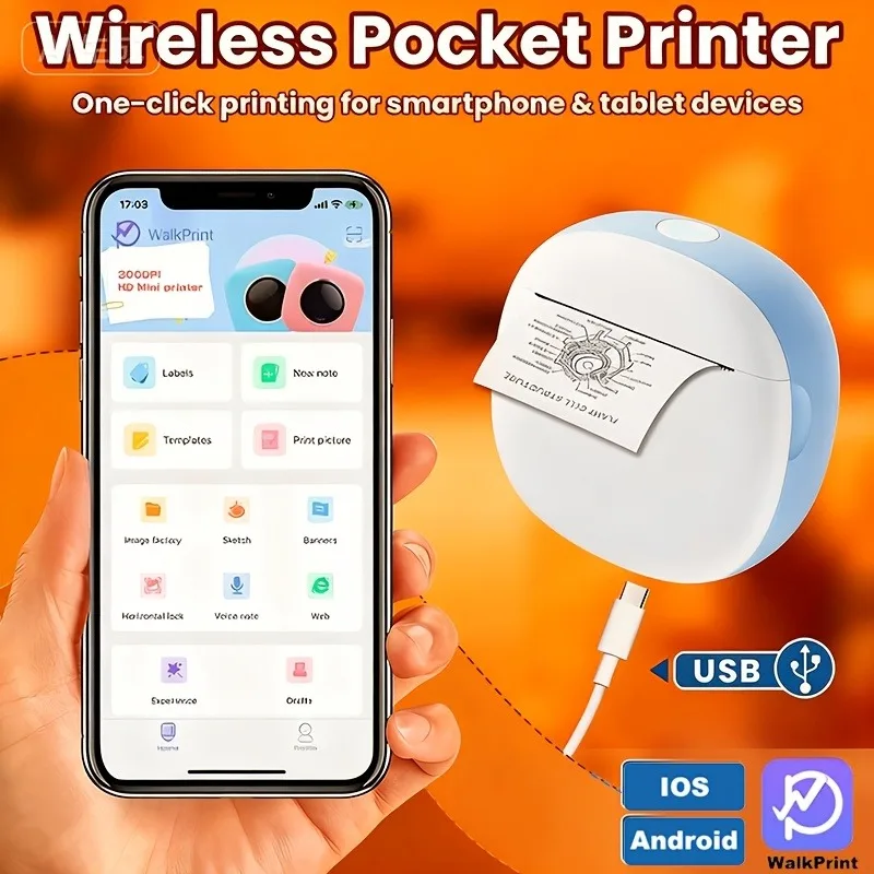 Mini Portable Wireless Thermal Printer, Inkless Print Photos, Text, Labels & More, High Resolution, Long Battery Life