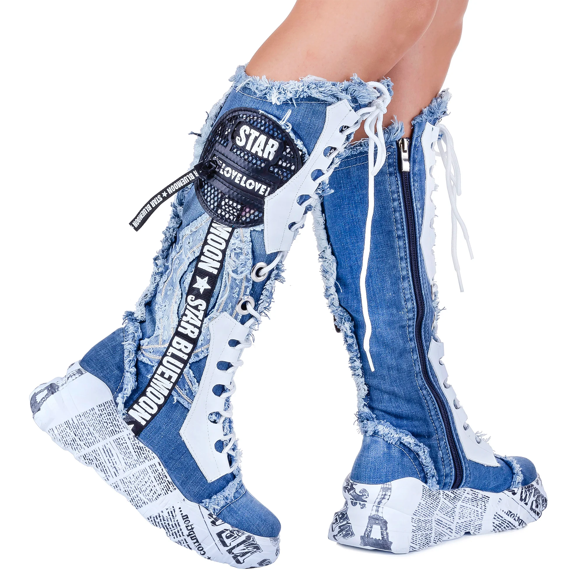 Denim Boot Above Knee Boots  Handcrafted Sexy Design Blue Pattern Embroidered Denim Women\'s boots birthday present