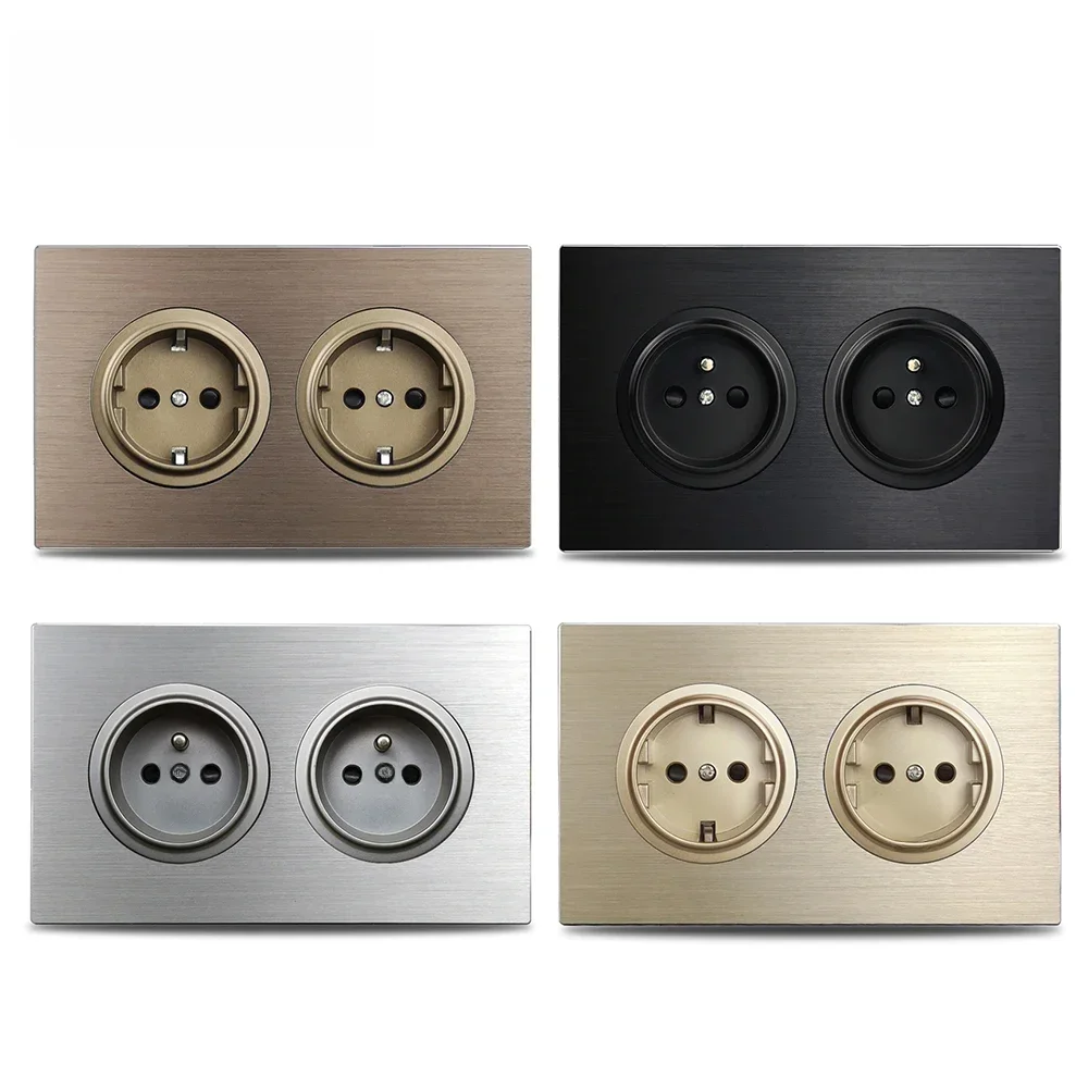 Dubbel EU Frans stopcontact bruin geborsteld aluminium paneel stopcontact 146 * 86 mm Wallpad L6 - afbeelding 2